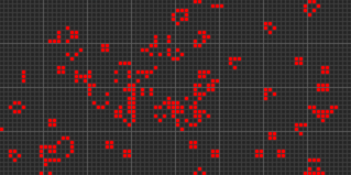 Figure in.ar.1: a game of life state at one moment in time. Red cells are “populated” and gray are not.
